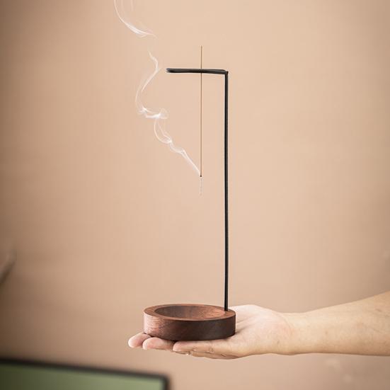 Incense Stick Holder with Wooden Tray Brass Inverted Incense Burner Ash Catcher Home Office