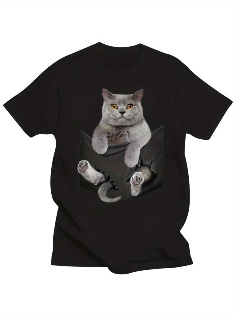 British Shorthair Cat Ripped Pocket Animal Print Unisexs Tshirt Casual Crew Neck Short Sleeve Street Style Top