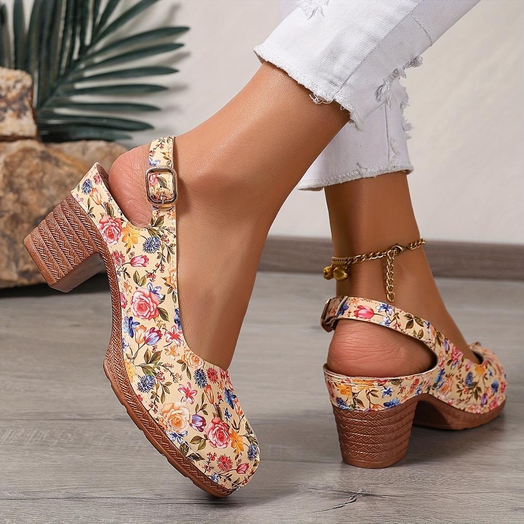 Ladies' Retro Round Toe Shallow Mouth Fashionable Printed Thick Heel High-heeled Single Shoe with A Straight Buckle Strap