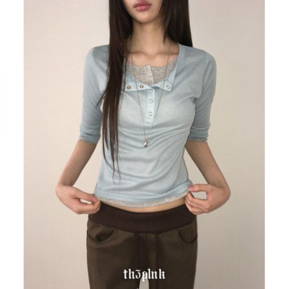 The Pink Women MaTTel Slim FiT Henry Neck See Through 7 Sleeve T shirT