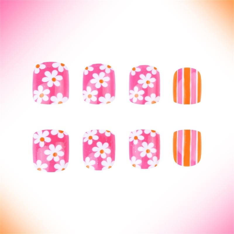 24pcs Short Square Acrylic Press On Nail With Flower Pattern For Women Full Coverage Glossy Finish False Nail