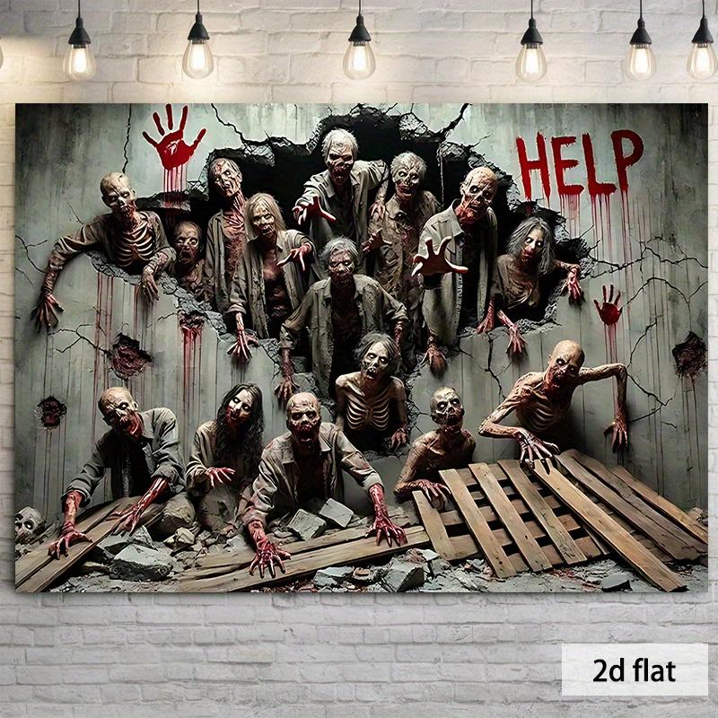 2D Flat Party Backdrop Banner - Halloween Zombie Breaking Through Wall with Blood & Concrete, Polyester Photo Background for Party & Photography