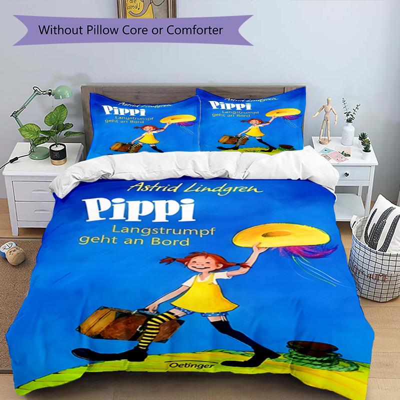 Pippi Girl Near House. Bedding Set,Breathable Duvet Cover with Pillowcases,Soft Bed Linen for Bedroom Home Decoration,Perfect Festival Birth