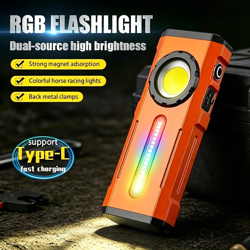 COB Work Light Type-C Rechargeable Flashlight with RGB Light Portable Hat Clip Lamp for Camping & Emergency