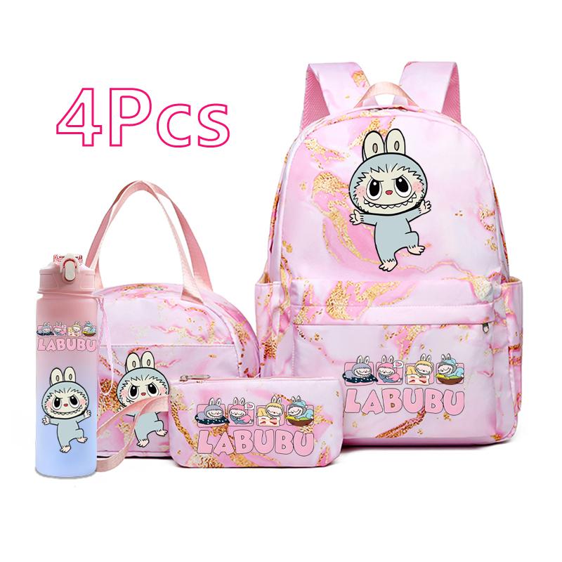 4Pcs/set Cute Anime Printed Backpack Lunch Bag Pencil Bag 750Ml Water Bottle Girl Student Large Capacity Waterproof Schoolbag
