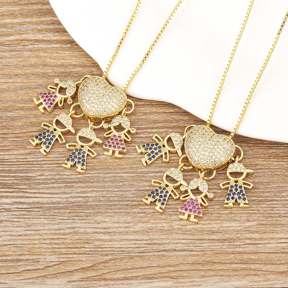 Nidin Fashion Hot Family Member Pendant Necklace Micro-Studded Zircon Love Heart Boy Girl Parent-Child Jewelry Mother's Day Gift
