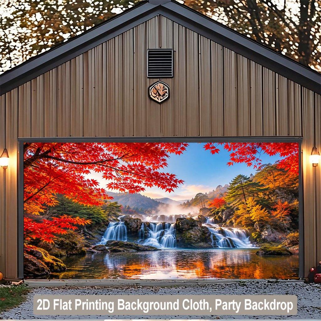 1 piece of 2D flat background fabric autumn red leaves against mountain flowing water and waterfall background fabric.PMJ