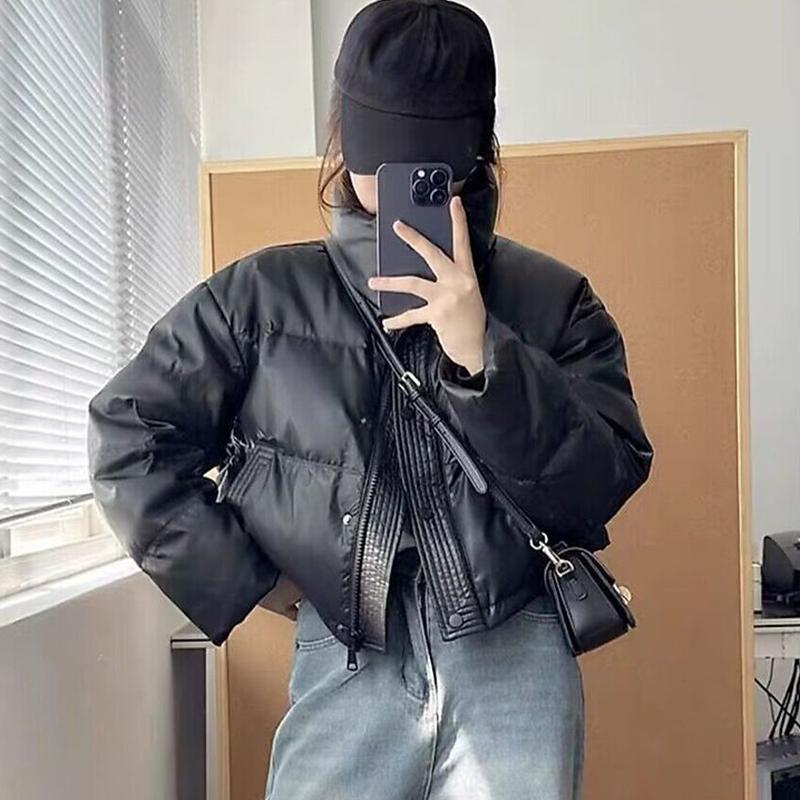 Winter Warm Thick Parkas Women New Fashion Loose Crop Jacket Female Black Cotton Padded PU Leather Elegant Zipper Coat Y2K Tops