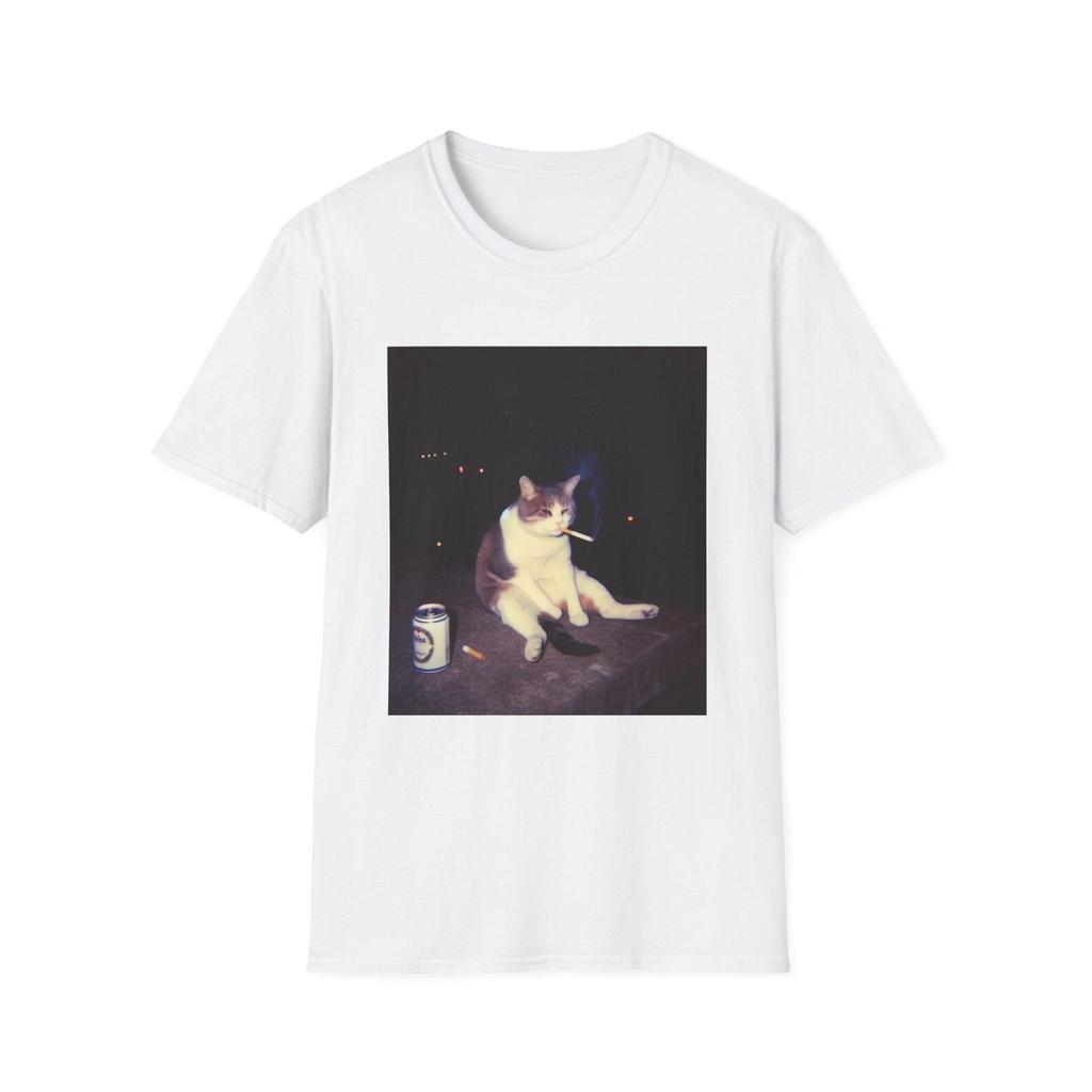 Chill Cat Smoking Photo T-Shirt | Retro Nighttime Aesthetic