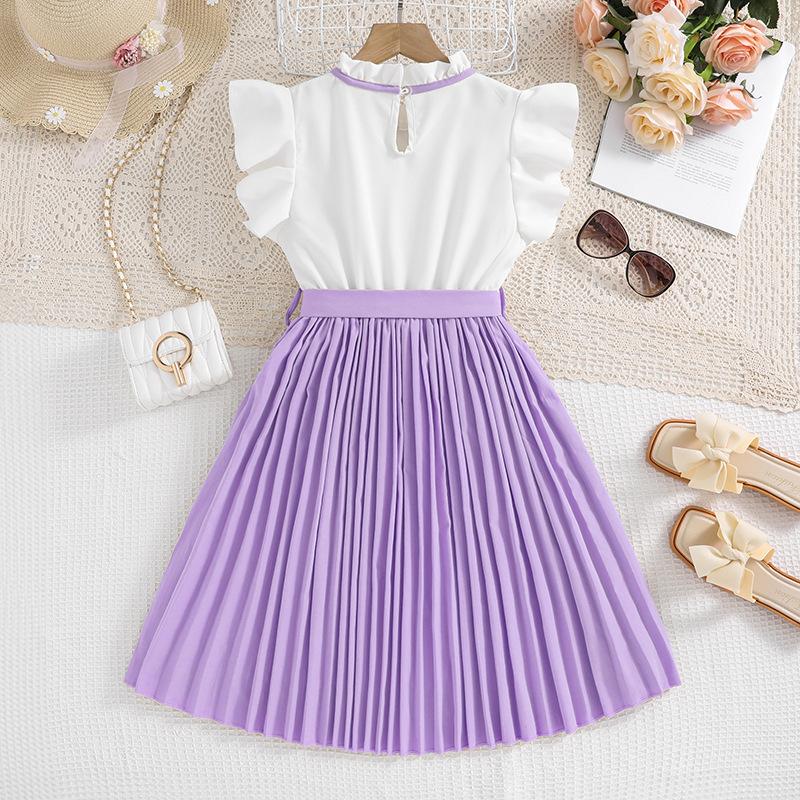 Платья для девочек 8-12 лет Одежда для девочек Весна и лето Новые платья принцесс с рукавами-крылышками и цветными блоками