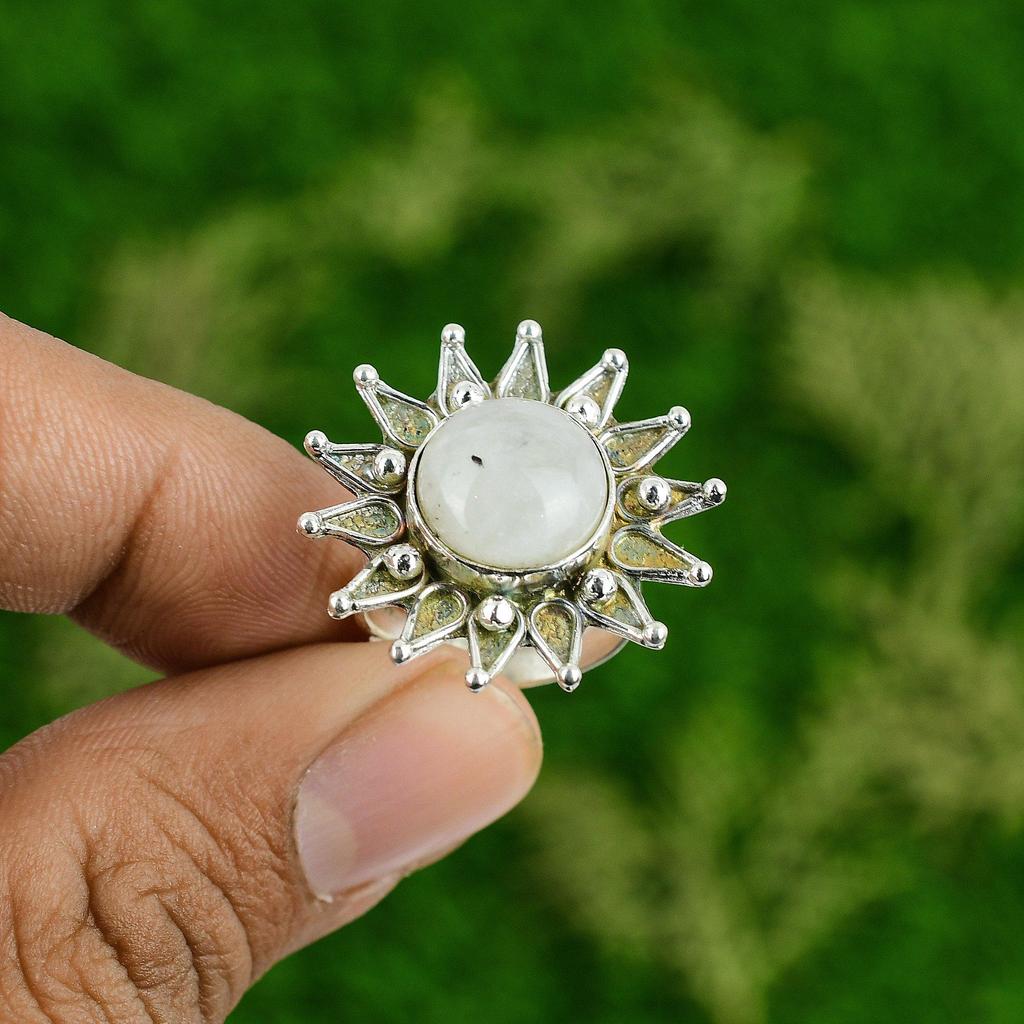 Rainbow Moonstone Gemstone Promise New Flower Stackable Ring Jewelry 925 Silver