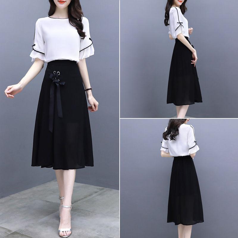 Women's Temperament Cold and Windy Two-piece Suit Skirt Mid-length Chiffon Dress Female Round Neck Short-sleeved Shirt Sweet