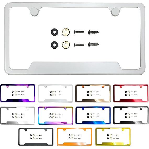 Рамка номерного знака с вырезом в нижнем углу, зеркальная хромированная электрогальваническая обработка цвета розового золота, универсальная посадка, алюминиевая накладка-крышка на винтах, нержавеющая сталь T304
