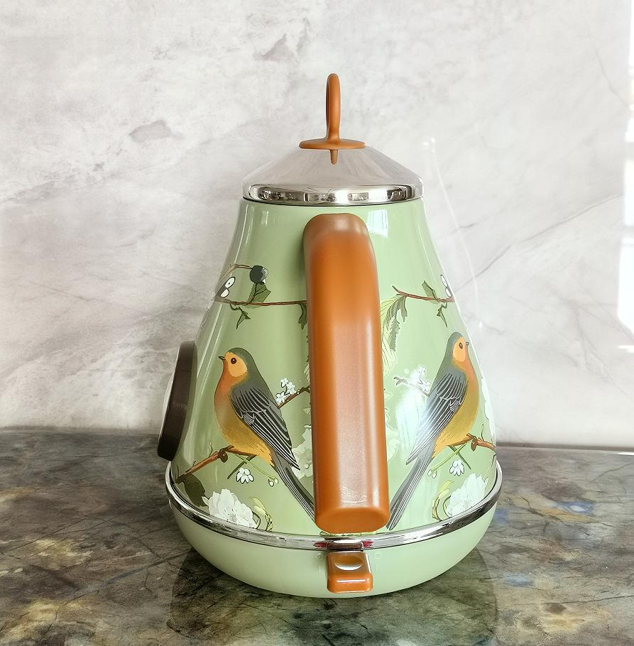 Flower-Painted Electric Kettle with Vintage Instrumental Thermometer, 1850W SUS304 LED 1.7L Automatic Shutdown and Dry Cooking Protection