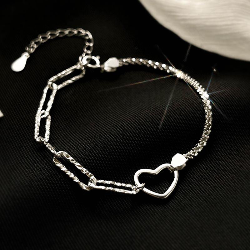 925 Sterling Silver Double Love Heart Hollow Round Beads Bracelet Female Fashion Romantic Jewelry Classic