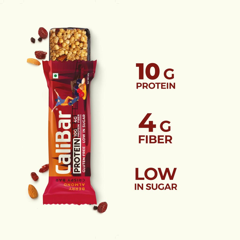 CaliBar Протеиновый батончик 10 г - Ягодный миндальный хрустящий батончик (Упаковка из 6 шт.) Настоящие кусочки клюквы и черной смородины, Низкое содержание сахара, Подслащено медом, Без глютена-