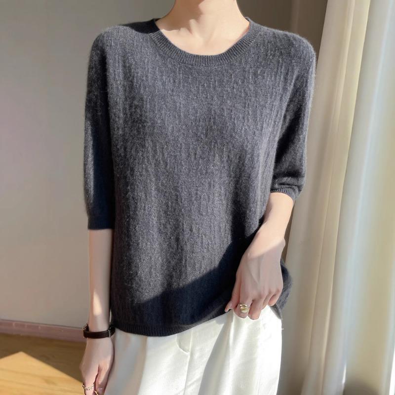 Весенний новый вязаный свитер женский с коротким рукавом, пуловер с круглым вырезом, тонкий топ с рукавом три четверти, больших размеров, базовая футболка