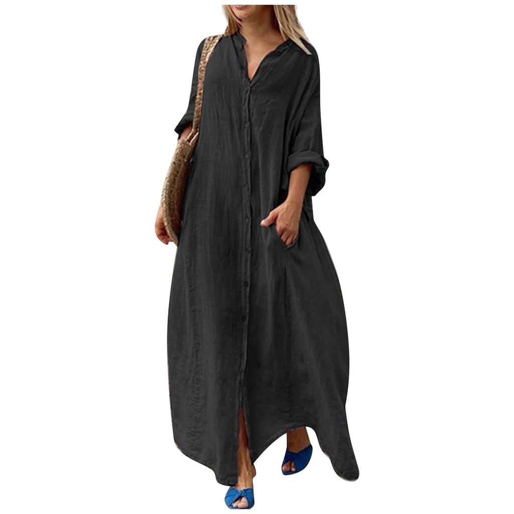 Women's Fashion Casual Pocket Solid Color Long Dress Casual Cotton Hemp Large Dress