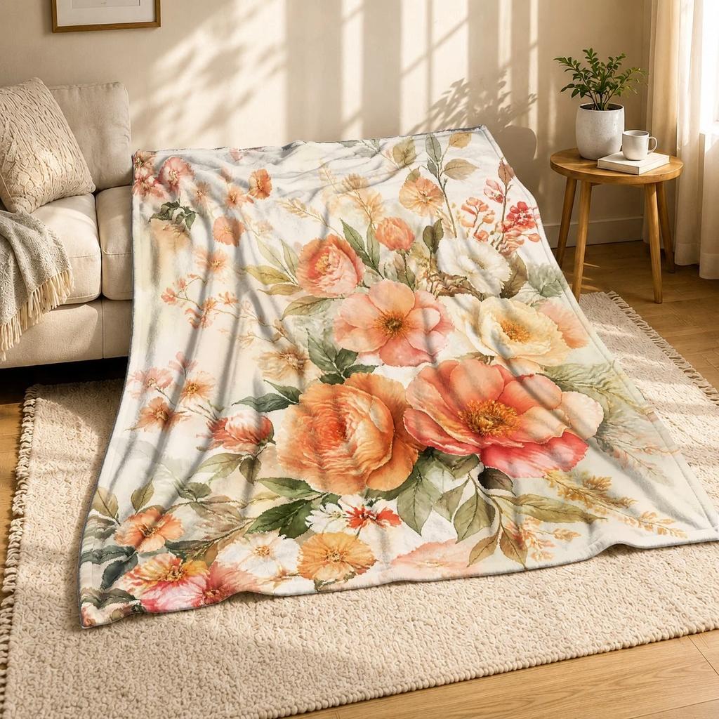 Peach Blush Floral Coral Fleece Blanket