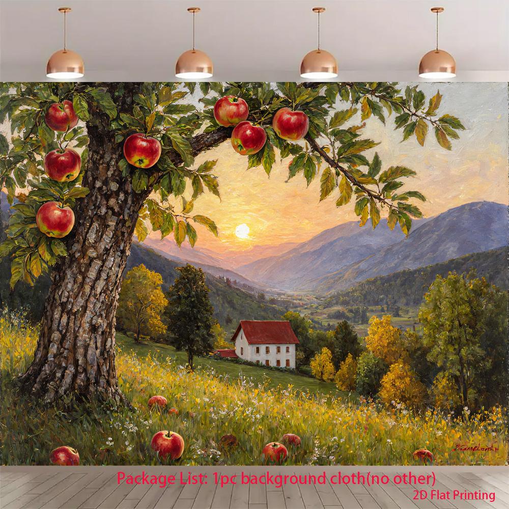 2D plane, depicting a peaceful and naturally abundant autumn orchard scene
