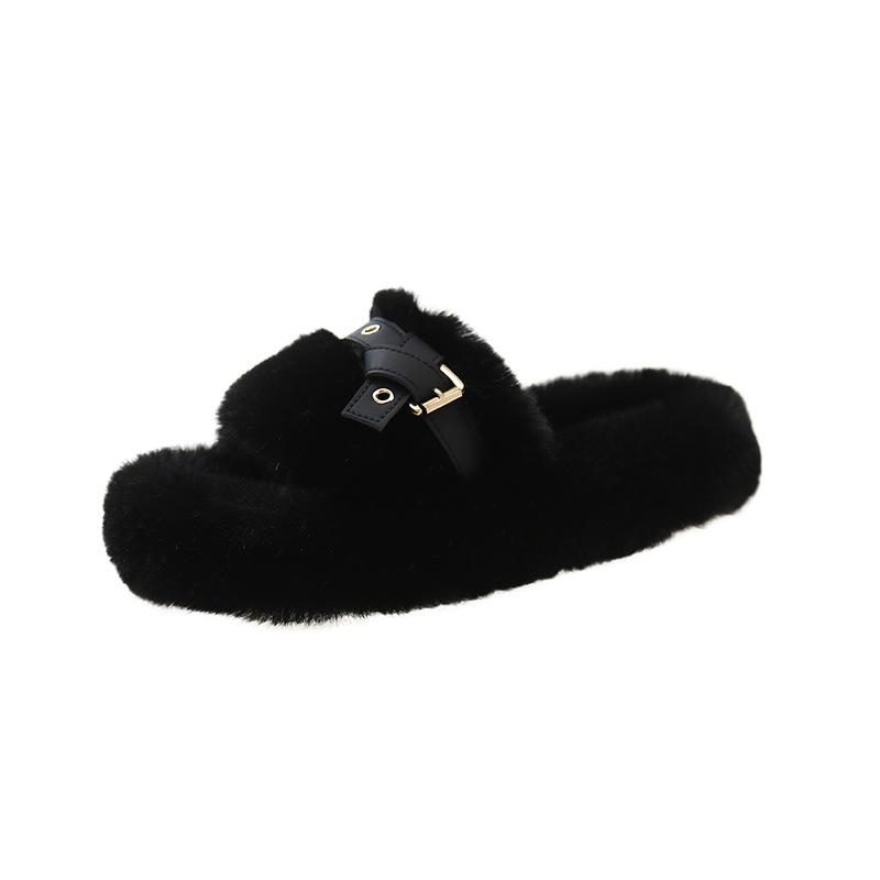 Fashion 2024 Autumn-winter Fluffy Slippers Women Wear Indoor Home Belt Buckle Thick Bottom Plush Cotton Drag Woman