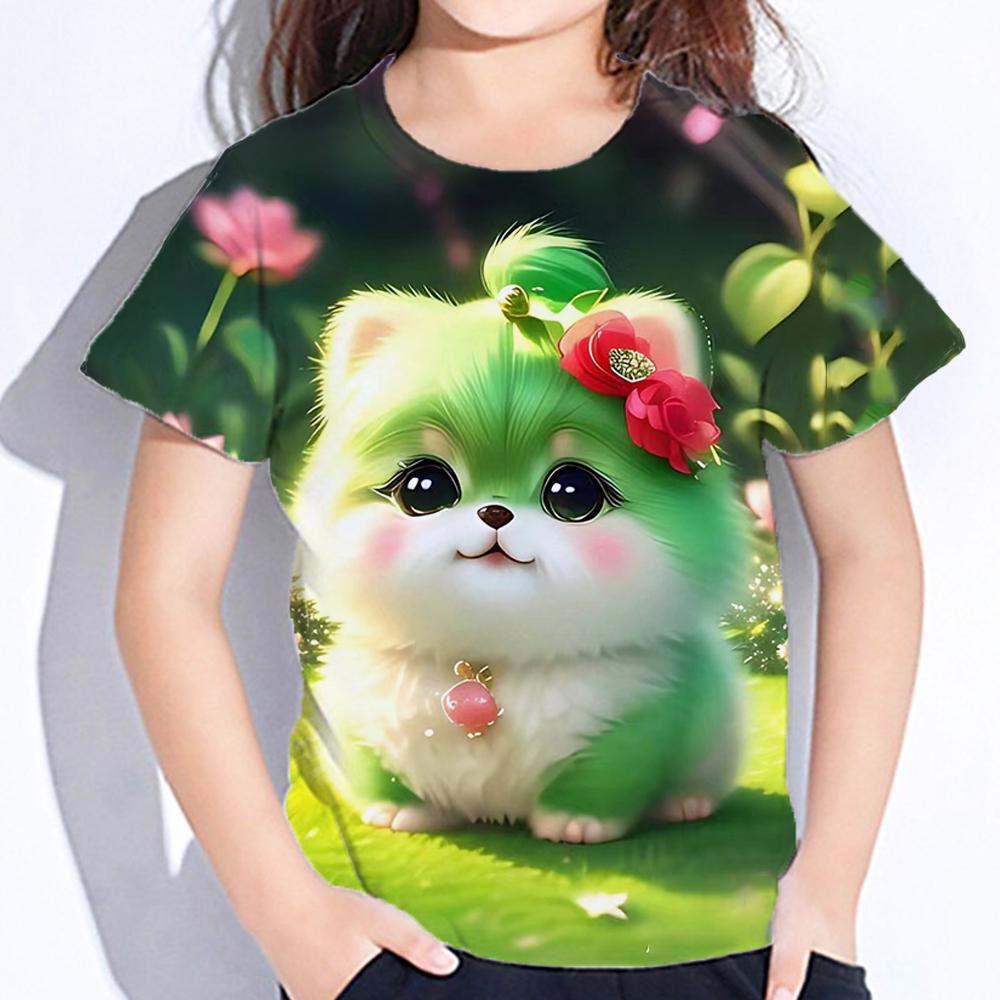 2025 Детская одежда Блузка для девочек Kawaii Cat Girl Футболка с коротким рукавом с принтом Одежда для мальчиков Футболка из полиэстера для девочек Детская футболка