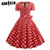 Women's Hepburn Square Collar Short Sleeve Natural Belt Belted Waist Swing Polka Dot Vintage Dress