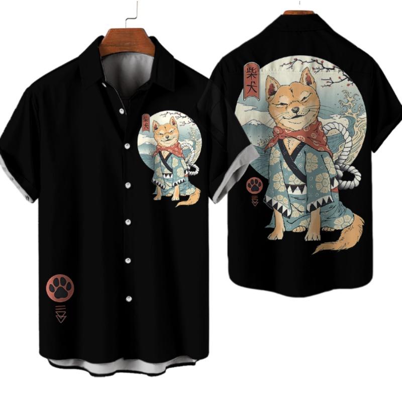 Повседневная гавайская рубашка мужская японская рубашка с 3D-узором Bushido мужские рубашки мультяшные животные кошка 3D-печать мужская рубашка мужская одежда
