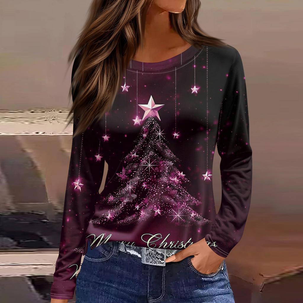 Women's Fashion Hem Slit Casual Christmas Printed Round Neck Long Sleeve Top