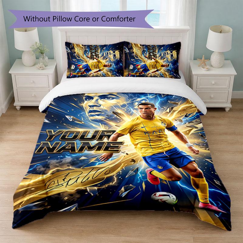 Cristiano Ronaldo Custom Name Text Bedding Set 1 Duvet Cover+2 Pillowcases Soccer Logo Personalized Gift For Special Occasion Bedroom Decor