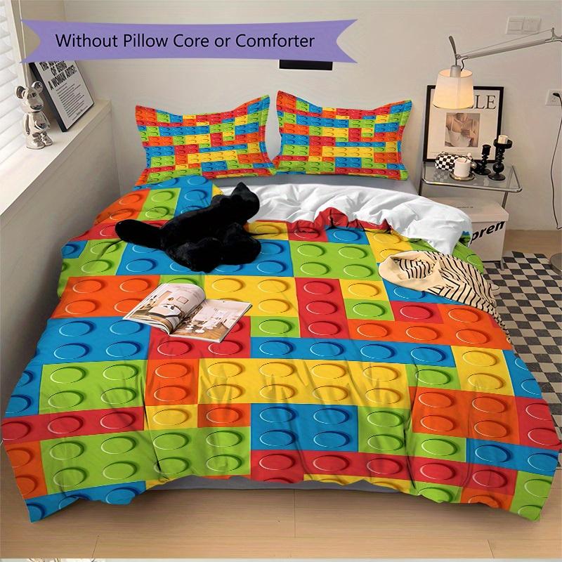 3pcs set Building block jigsaw puzzle 1 Quilt Cover + 2 Pillowcases, All Seasons Bedroom Setting, Perfect for Home and Dorm Decor a186