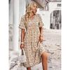 Summer Women V Neck Elegant Printed Short Sleeve High Waist A Line Floral Holiday Dress