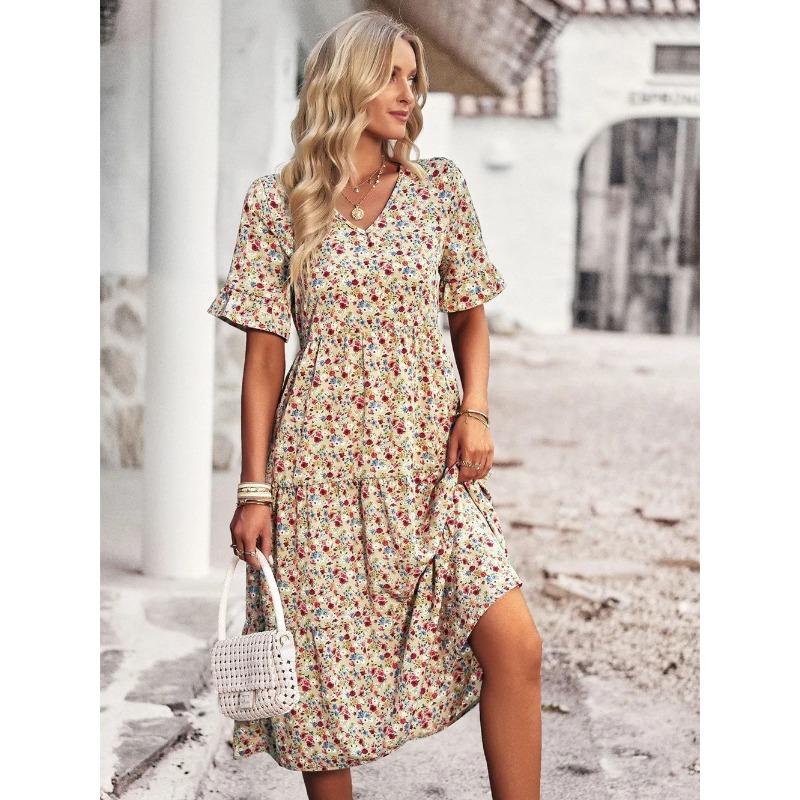 Summer Women V Neck Elegant Printed Short Sleeve High Waist A Line Floral Holiday Dress