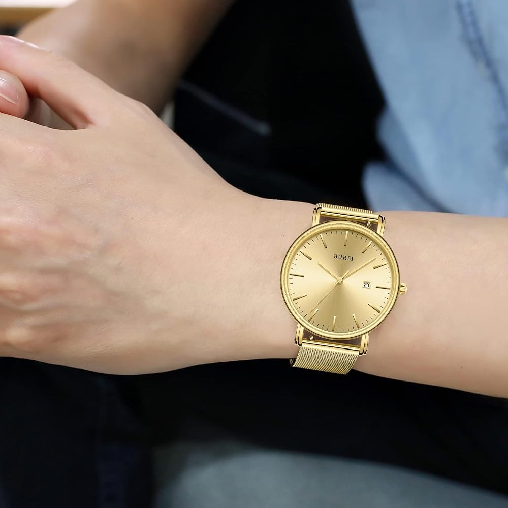 BUREI Men's Analog Watch Waterproof Simple Milanese Mesh Band Gold