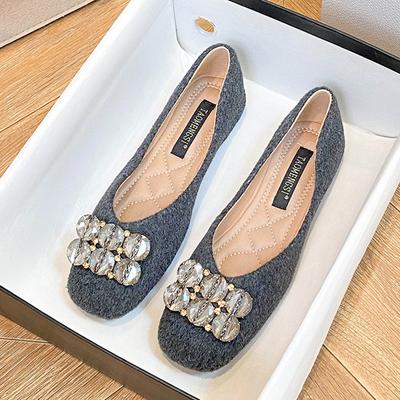 Мода Большой размер 35-43 Туфли с крупными стразами Женские фетровые меховые балетки с квадратным носком Женские повседневные слипоны Лоферы Офисные туфли Мокасины