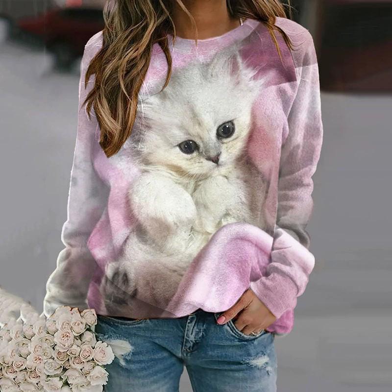 Милые кошачьи толстовки с принтом животных 3D толстовки женские модные с круглым вырезом и длинным рукавом толстовка Y2k большие пуловеры верхняя женская одежда