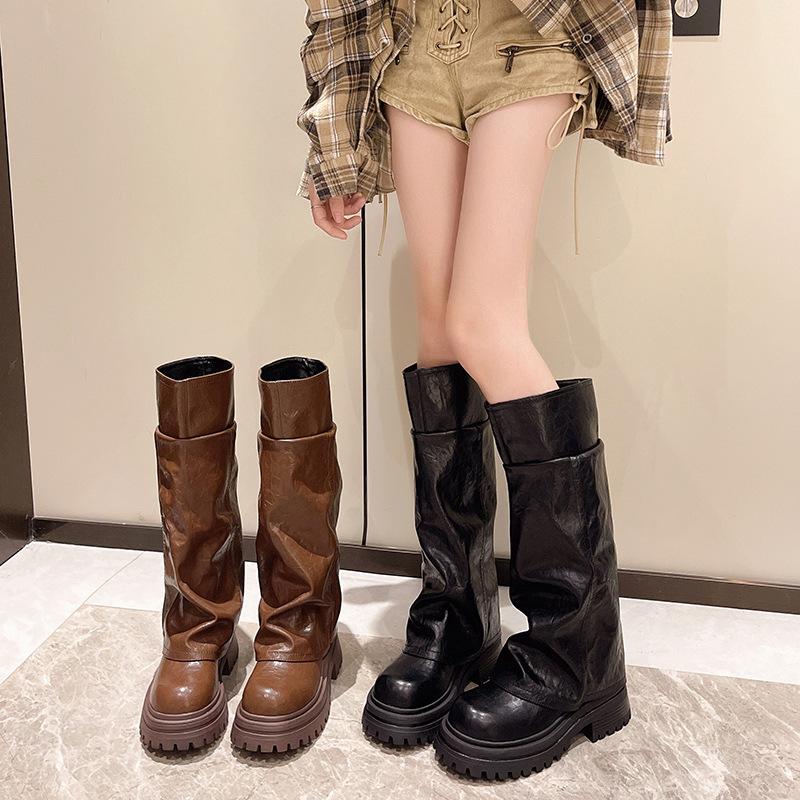 Women Winter Platform Knight Long Boots Fashion Elegant Slimming Shoes Vintage Square Heels Women's Western Knee-High Booties