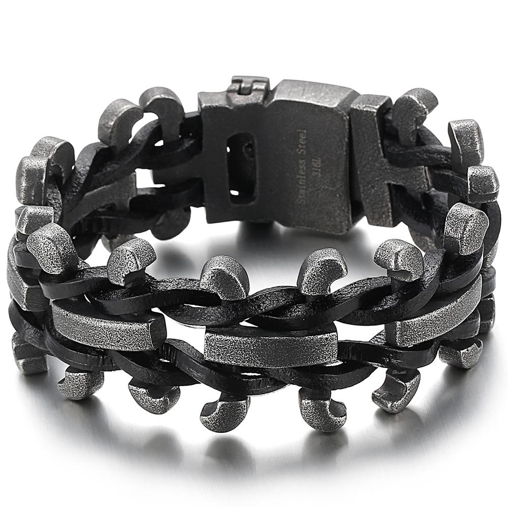 Мужской кожаный браслет Готический 30 мм шириной Цепочный браслет с пряжкой ремня Хип-хоп Браслет из нержавеющей стали Регулируемый браслет-манжета