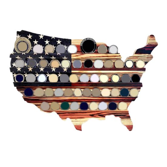 Challenge Coin Display Stand Wooden American Flag USA Map Shape Coin