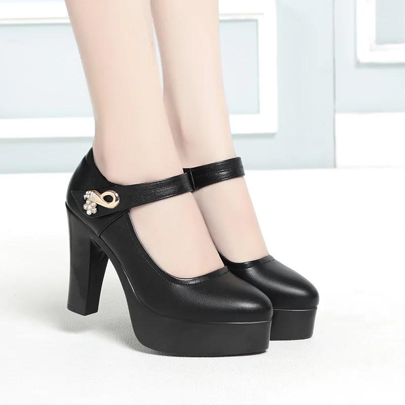 Женские туфли на высоком каблуке, туфли-платформы, весна-осень, новая мода, с пряжкой, однотонные черные туфли, женские туфли из мягкой кожи, водонепроницаемые, женские