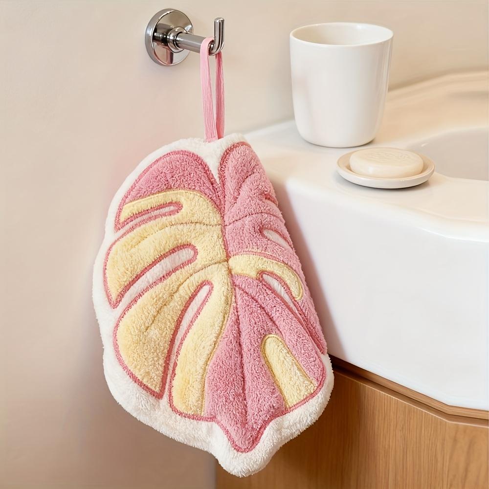 Soft coral fleece hand towels, quick-dry & absorbent, with hooks, leaf & flower pattern, pink/dark green, durable home gift
