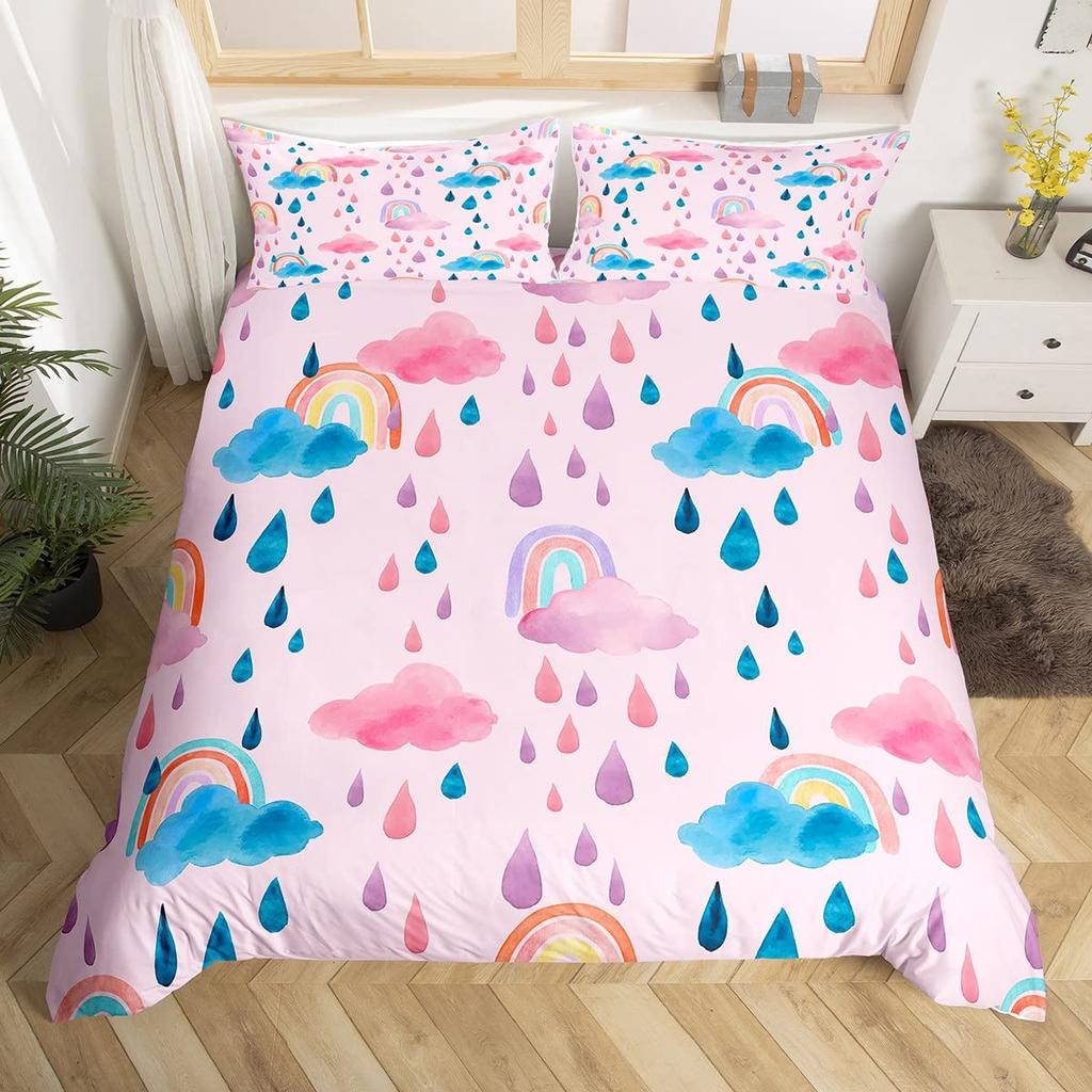 Cartoon Rainbow King Queen Duvet Cover Kids Girls Colorful Clouds Bedding Set Love Heart Comforter Cover Polyester Quilt Cover