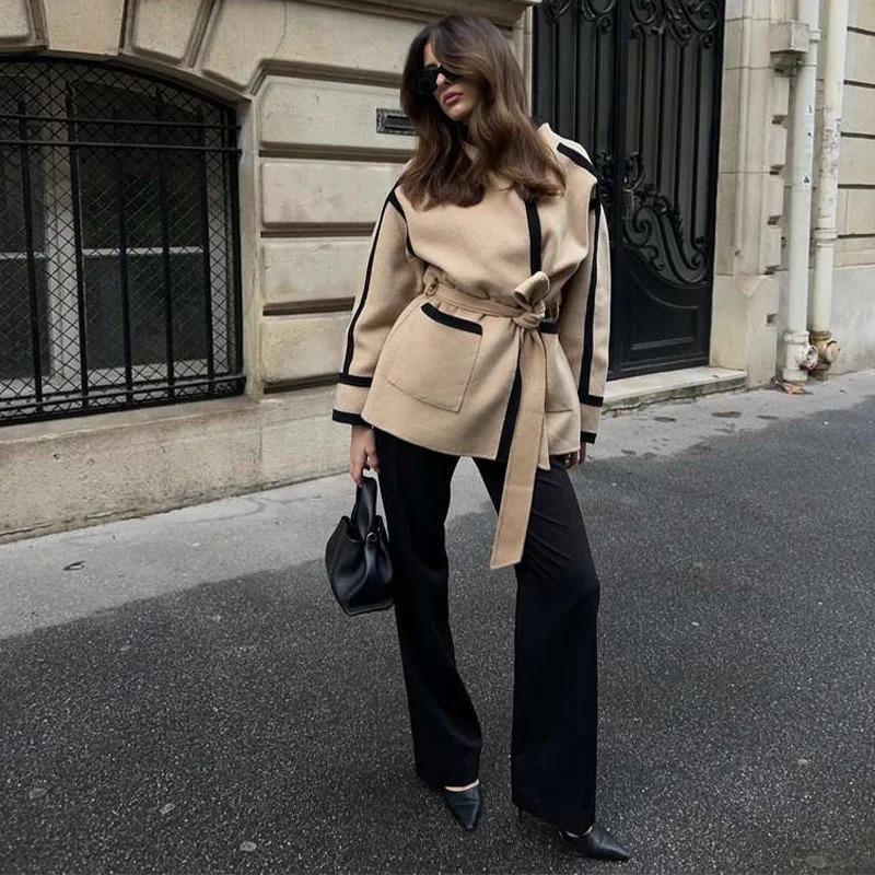 Turndown Collar Lace Up Women's Coat Casual Cardigan Thickened Warm Loose Long Sleeve Commute Outerwear Elegant Warm Jacket New Fashion Autumn Winter