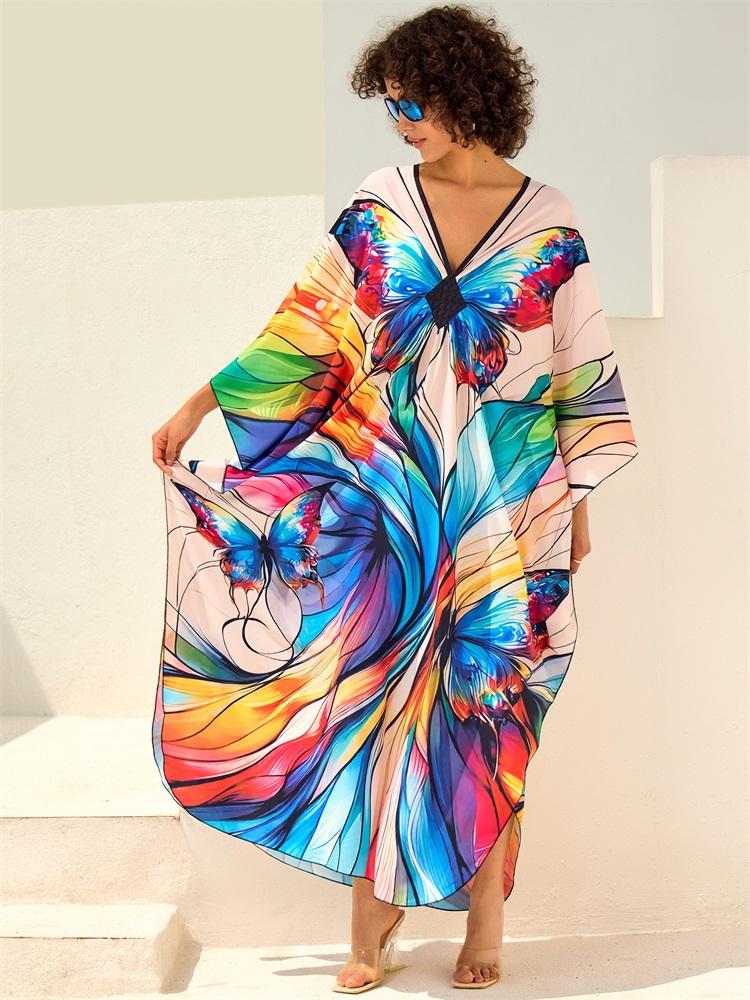 EDOLYNSA 2024 Fashion Butterfly Printed Plus Size Loose Kaftan Women's Bohemian Beach Dress Summer Swimsuit Cover-ups Casual House Robe Q1670