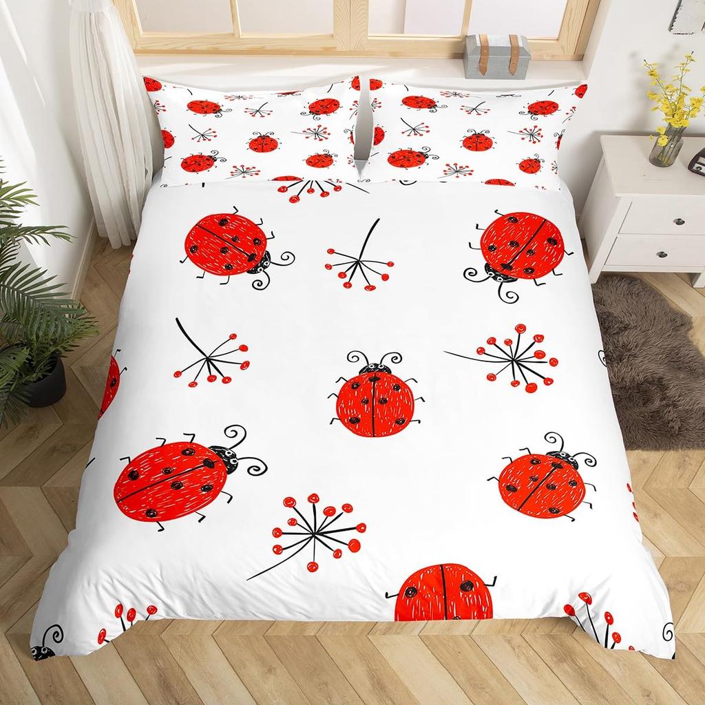 Ladybug Comforter Cover Set Ladybug On Green Leaf Duvet Cover Wild Wildlife Theme Microfiber Bedding Set 3pcs for Kids Teens