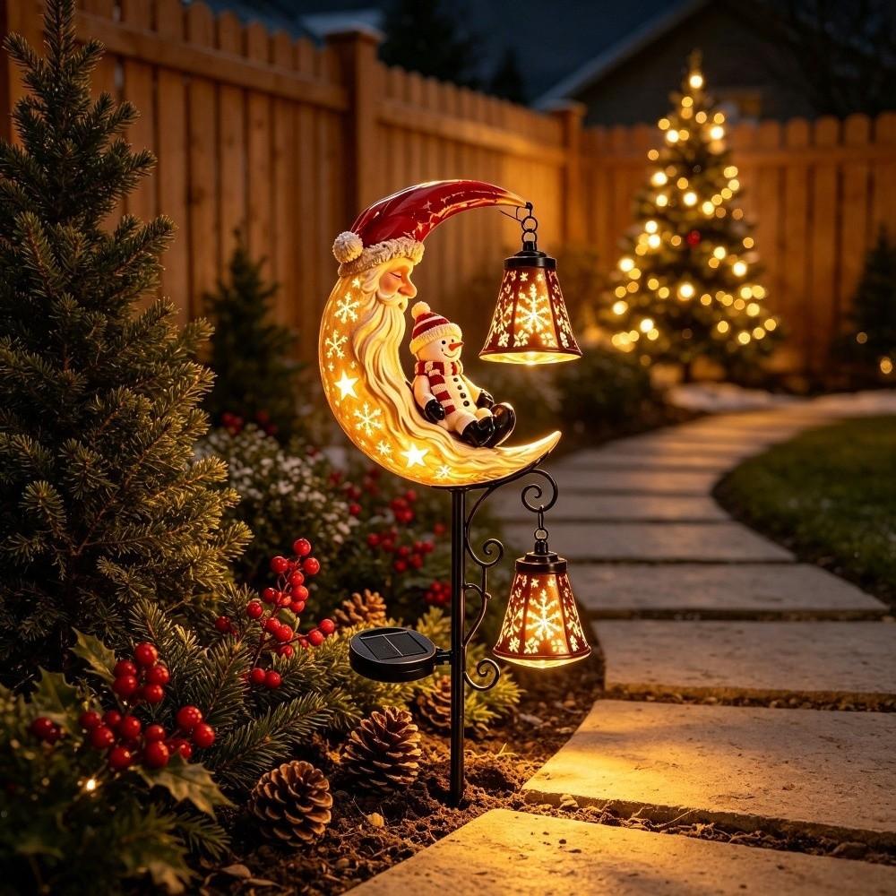 LED Glowing Christmas Moon Solar Stake Light with Bell Waterproof Solar Santa Snowman Light Iron Metal Hollow Lantern