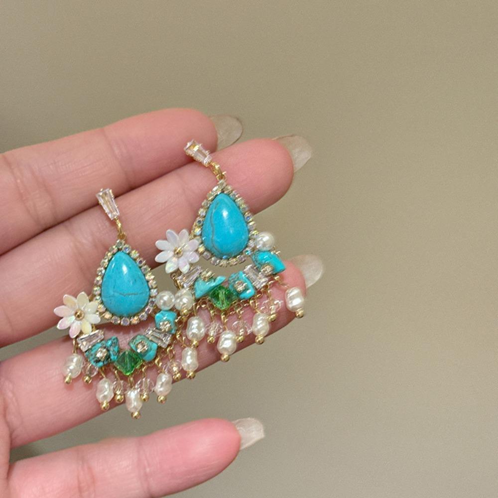Серьги-кисточки в форме цветка из жемчуга в этническом стиле бирюзовые серьги-подвески пляж