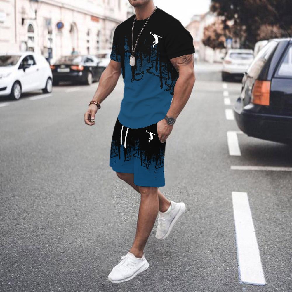 Лето 2024 года, популярный мужской комплект из футболки и шорт, мужской спортивный комплект с принтом для отдыха, модный комплект из футболки с коротким рукавом, мужской комплект для бега трусцой