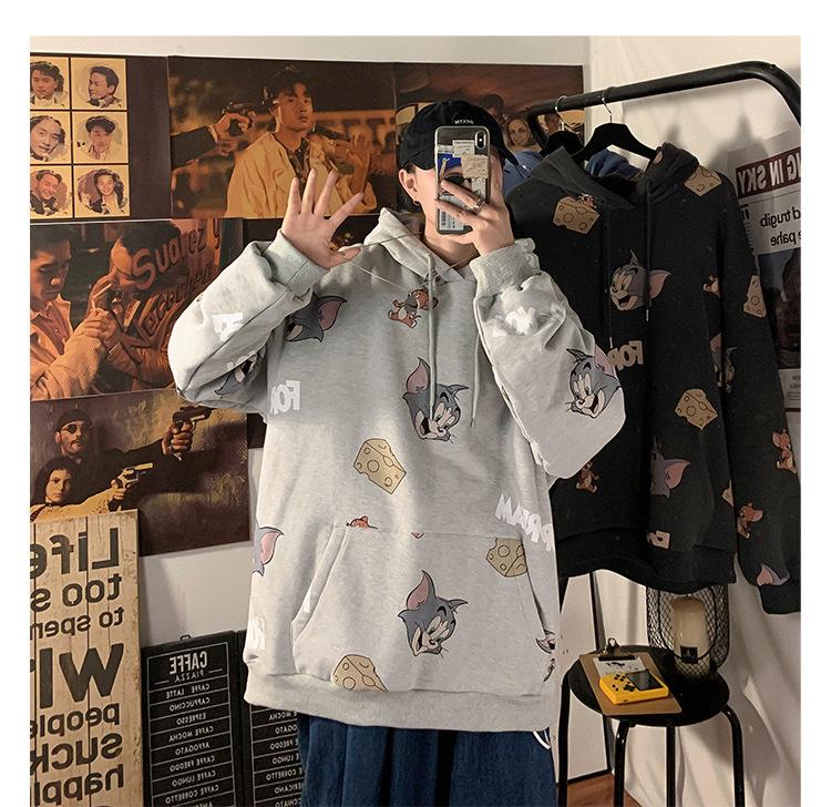 2021 Men's Loose Fit Cartoon Print Plush Hoodie Jacket