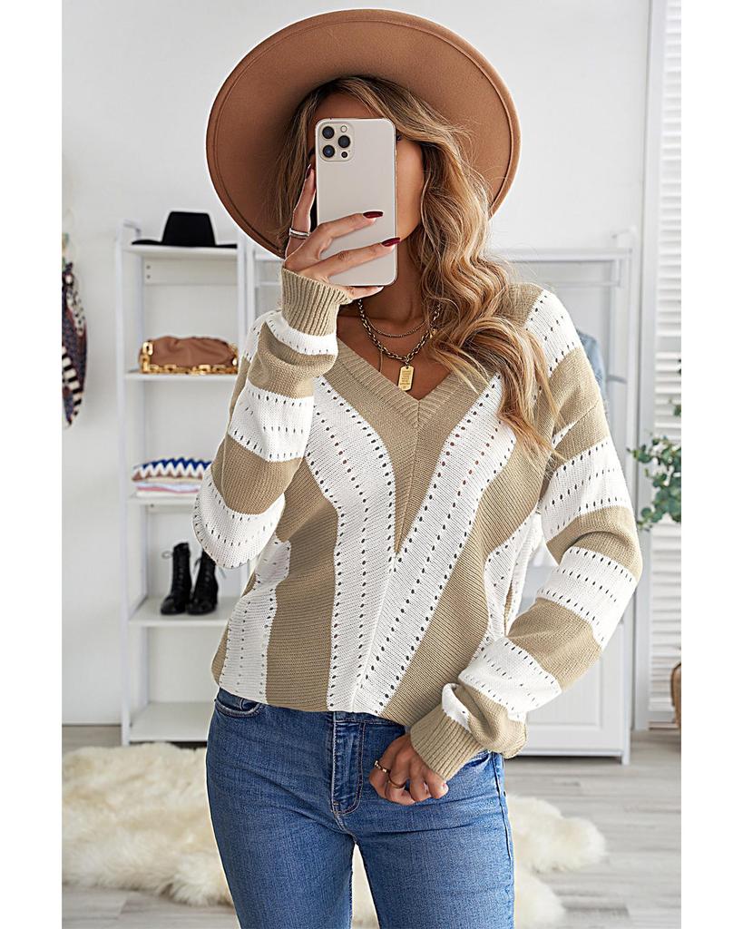 Azura Exchange Полосатый вязаный свитер с V-образным вырезом Color Block